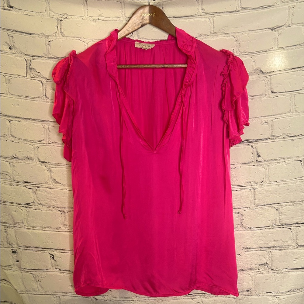 Sofia Made In Italy Vibrant Pink Ruffled Short Sleeve Top Size Medium